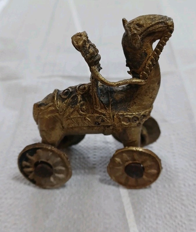 Brass Temple Relic Toy Figurine on Wheels (Man on Horse)