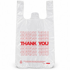Small Thank You T-Shirt Plastic Bags 8" x 4" x 16" White Grocery Takeout