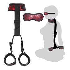 Red BDSM Neck to Wrist Restraints Bondage Set with Adjustable Handcuffs Bli...