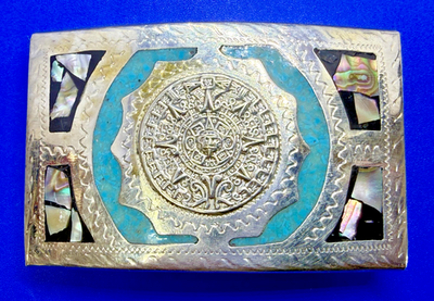 #ad Aztec Mayan Calendar Sun Dial Abalone Shell Inlay Belt Buckle Alpaca Mexico $33.49