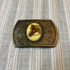 Vintage Western Belt Buckle Brass Horse Theme Oval Portrait Horse Head L 0282