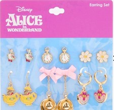 Alice in Wonderland 6 Pair Stud and Dangle Gold-Toned Earrings New