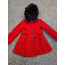 Cat Jack Girls Size XS 4/5 Red Coat W/ Detachable Faux Fur Hood 1139