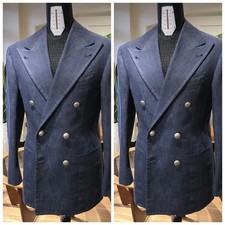 Men's Denim Suits Double Breasted Wide Peak Lapel Formal Blazer Wedding Tuxedos