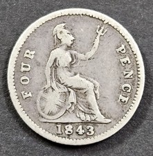 1843 GB  QV Queen Victoria Silver Groat, Four Pence Coin Young Head