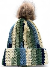 Crochet Ribbed Beanie With Faux Fur Pom Pom - Adult Size Lily Pad