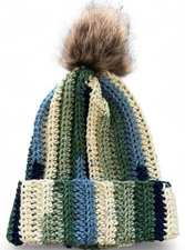 Crochet Ribbed Beanie With Faux Fur Pom Pom - Adult Size! Lily Pad