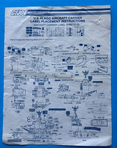 GI.JOE HASBRO 1985 USS FLAGG STICKER LABEL INSTRUCTIONS