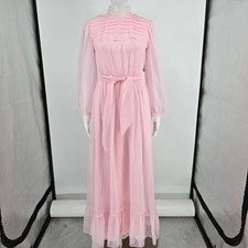 Vintage 1970s Light Pink Lace Neck Sheer Sleave Prairie Maxi Dress Size 2/XS
