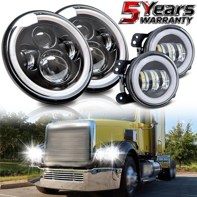 7'' LED Headlamp Headlights + 4'' Fog Lights For Freightliner Coronado 2001-2016