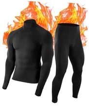  Thermal Underwear for Men: Fleece Lined Long Johns Base Large Mock Neck Black