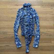 Intimately Free People Blue Floral Ruched Mesh Mock Neck Bodysuit Small