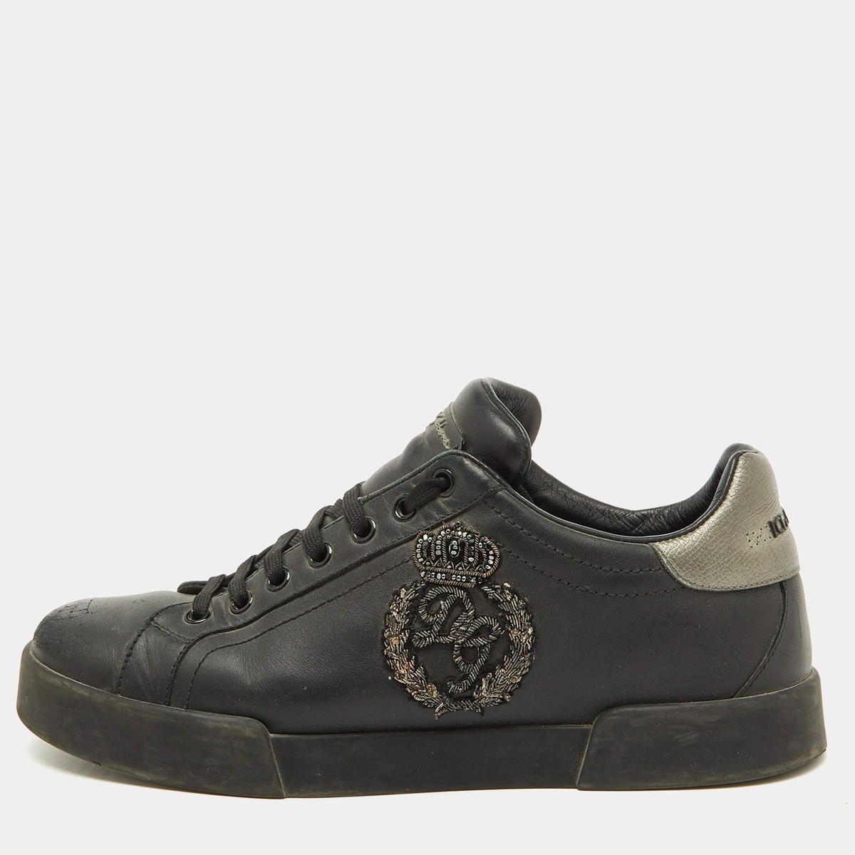Dolce Gabbana Black Leather Portofino Crown Patch Sneakers Size 41