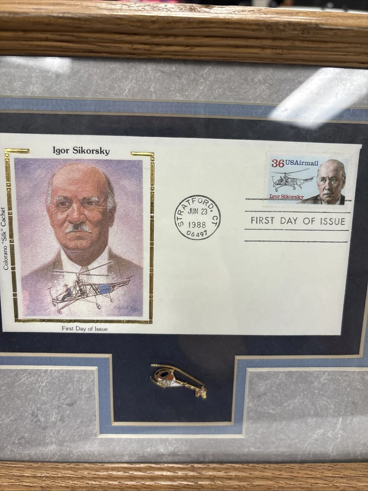 Igor Sikorsky Silk Cachet FDC And Helicopter Pin In A Frame - Image 3 of 4
