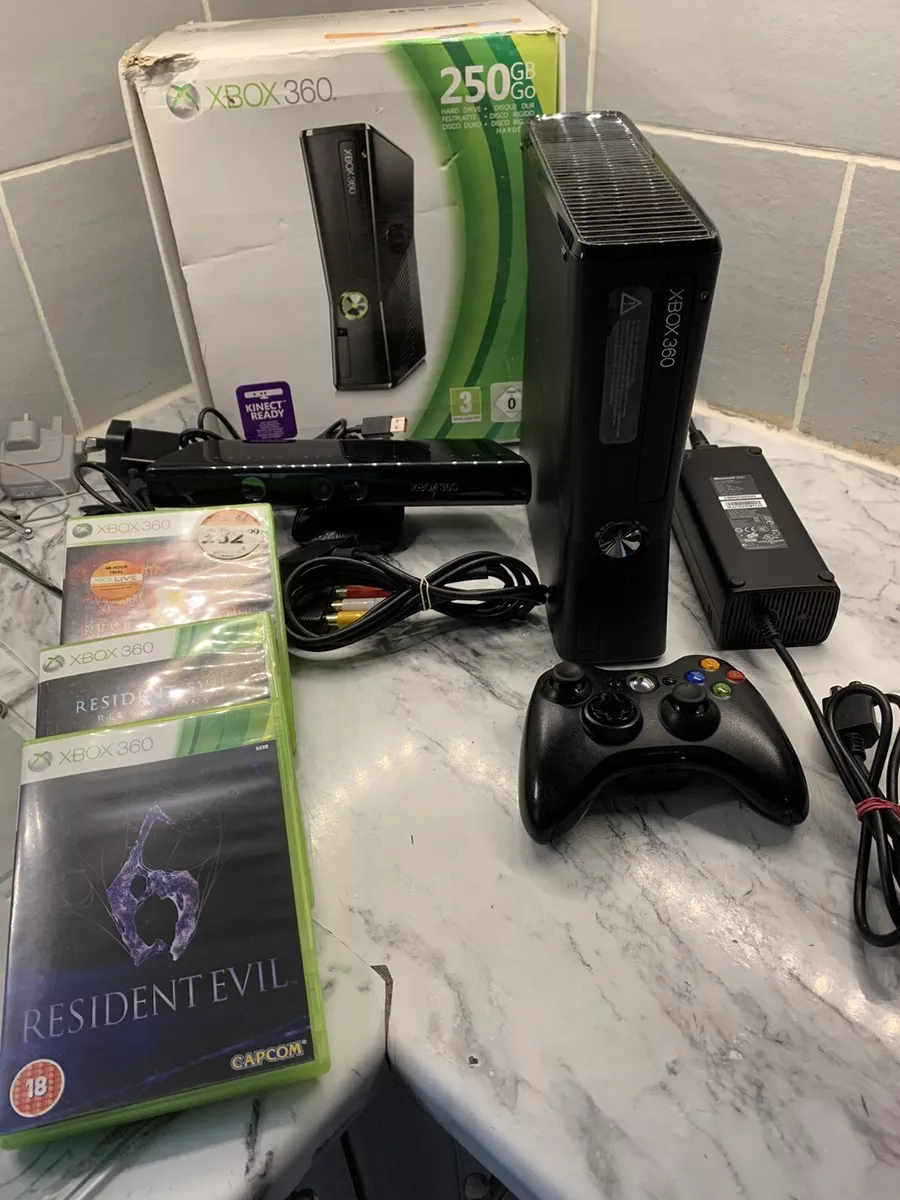 BOXED BLACK XBOX 360 SLIM 4GB/250GB HDD CONSOLE + KINECT, + 3 RESIDENT EVIL  GAM 885370235876