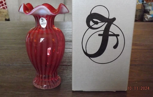 FENTON Cranberry Opalescent Striped Vase - Don Fenton