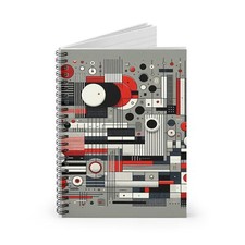 Spiral Notebook Ruled Line Red White Gray Black Abstract Design 8, Gift Birthday