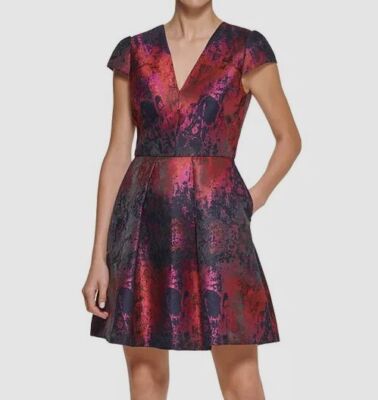green emerald velvet dress Vince Camuto Jacquard Fit-and-Flare with Fold-Over V-Neck Peach 10 at  Amazon Women's Clothing store