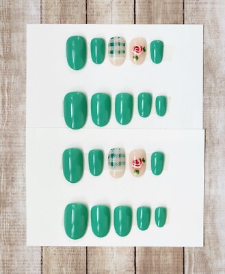 Custom Press On Handmade Gel Nails Aqua Plaid Rose Accent Oval Short 20 Tips