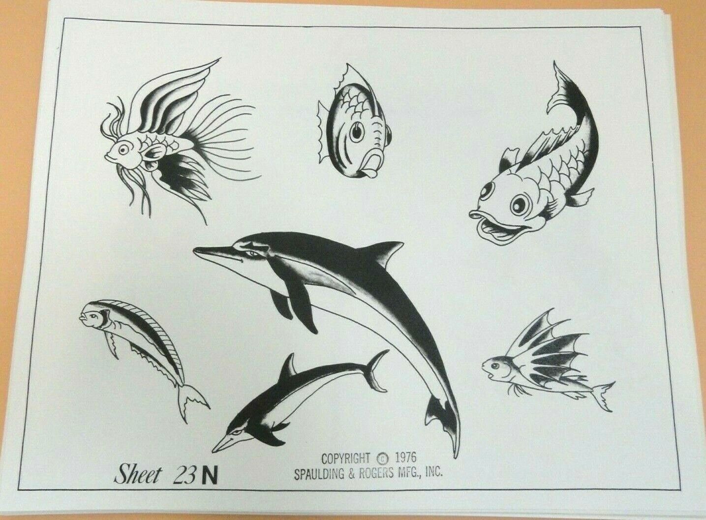 Vintage 1976 RARE Spaulding & Rogers Tattoo Flash Sheet #23N Dolphin Fish