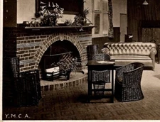 RPPC Y.M.C.A YMCA Study Lounge Fire Place Fireplace Wicker Mantel Postcard 396 