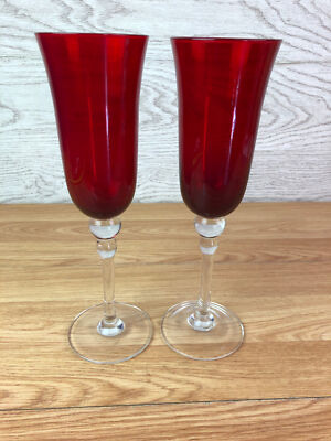 2 x große Rubinrotweingläser mit klarem Stiel mit Kugeldetail 9,5'' hoch 