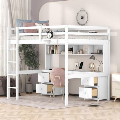 Full Size Loft Bed with Desk Cabinets Drawers and Bedside Tray Charging Station