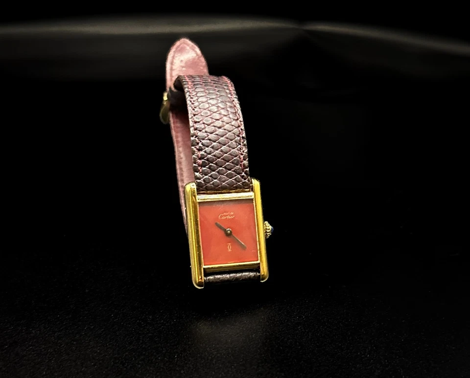 Ladies Must De Cartier Tank Sterling Watch Vermeil Gold Bordeaux Manu