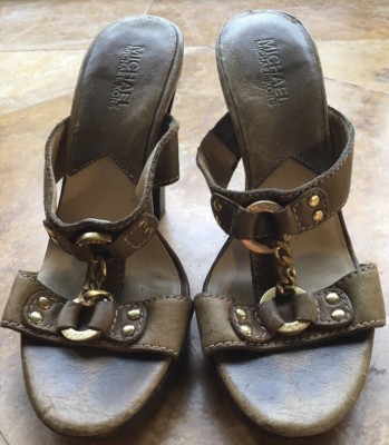 Michael Kors Leather Slip On High Heel Sandals, Olive Green Brass,