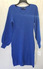 Nina Leonard Dress Med Blue Sweater Dress Puff Sleeve Sheath Knit Mini V-Neck