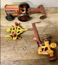 Vintage Louis Marx Tin Tractor, Corn Planter, Trailer And Sickle Bar Mower