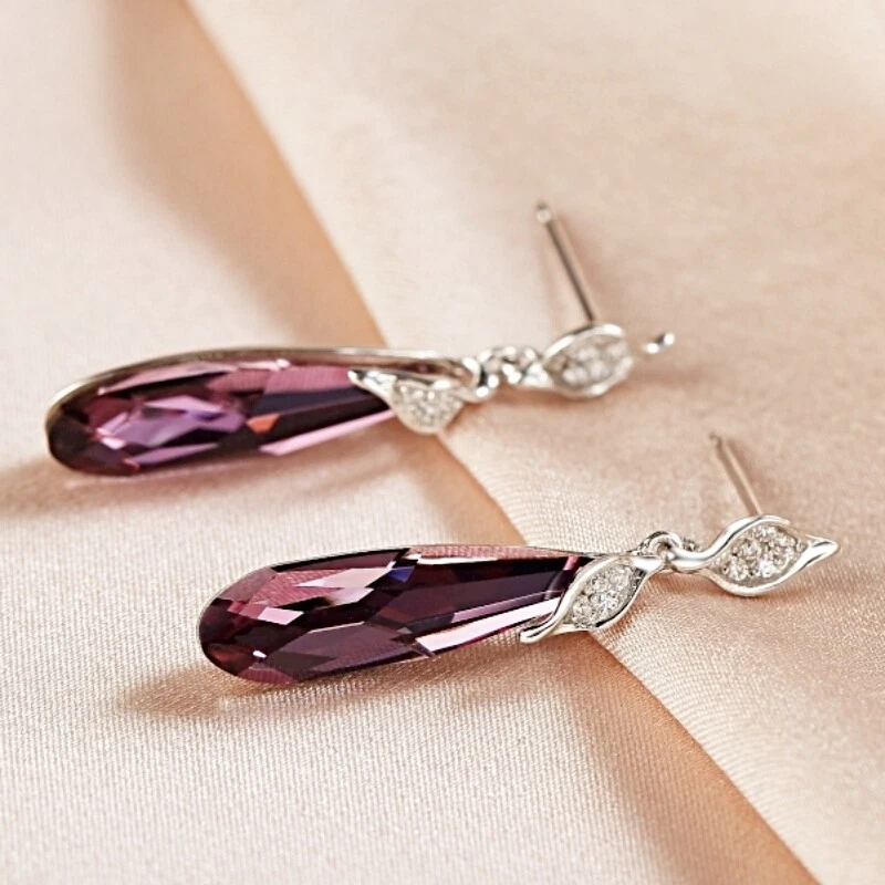 S925 Sterling Silver Made With SWAROVSKI Crystal Long Oval Amethyst Earrings - Image 3 of 4