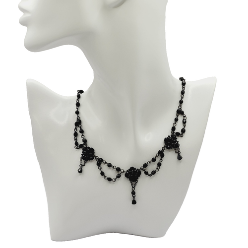 Black Faceted Crystal Bead Victorian Swag Style Dressy Costume Necklace 17 Inch - Picture 11 of 23
