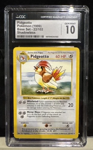 1999 Shadowless Base Set Pidgeotto Pokémon Card #22/102 Cgc10 Pop11!! Rare Psa