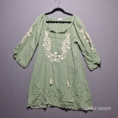 Chic Connection A Line Dress Womens XL Green Floral Embroidered Scalloped Hem
