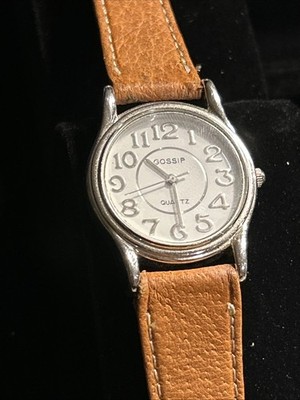 Gossip Unisex Quartz Watch SilverTone, White Dial Tan Leather Band New Battery
