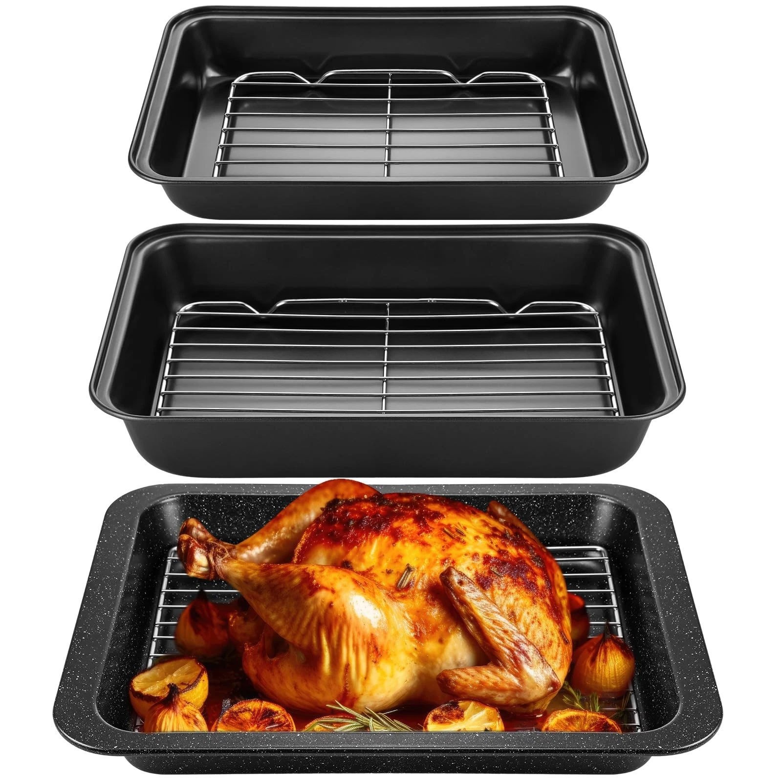 6 Pcs Roasting Pan with Rack Set 14/13/12" Stainless Steel Cookie Baking Shee...