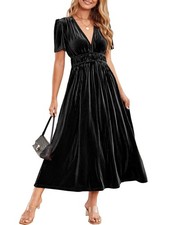 Sissyaki Women's Retro V-Neck Velvet Maxi Dress Wedding Guest Formal Party Lo...