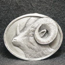 WJ01105 VINTAGE 1984 RAM GOAT HEAD WILDLIFE ANIMAL MENS PEWTER BELT BUCKLE