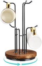 360° Rotating Mug Tree 6 Hook Coffee Cup Holder Metal Stand Wooden Base