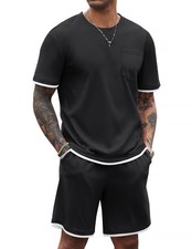 Men's Waffle Shirt and Shorts Set 2 Piece Outfits Casual Summer Tracksuits Se...