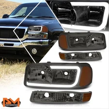 For 99-07 GMC Sierra/Yukon XL LED DRL Headlight w/ Bumper Lamp Smoked/Amber 4Pcs