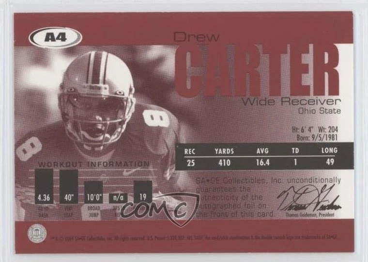 2004 SAGE Auto Platinum /40 Drew Carter #A4 Rookie Auto RC - Image 2 of 2