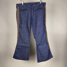 Vintage 1970s Bell Bottom Jeans Woven Side Stripe Hippie Flare Denim