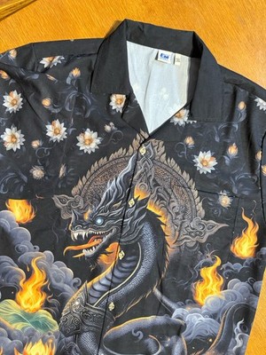 Thai Naga Dragon Shirt 2XL Black Lotus Flame Mythical Camp Collar