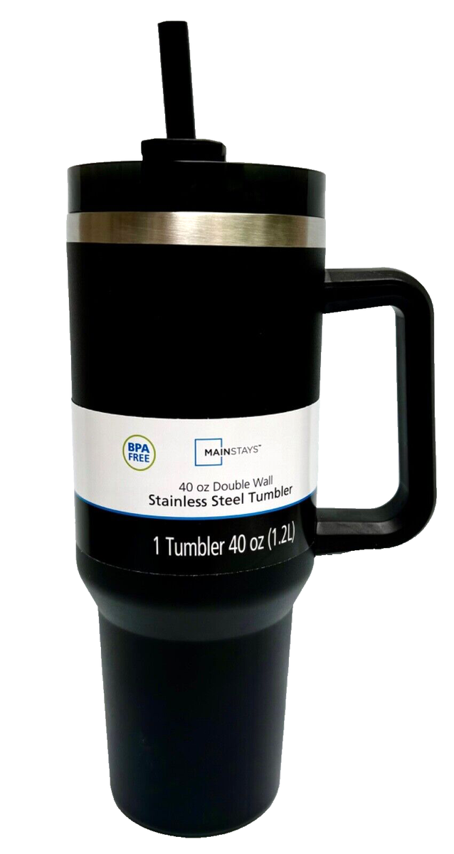 Mainstays 40oz Double Wall 18/8 Stainless Steel Tumbler With Handle, Straw  Black