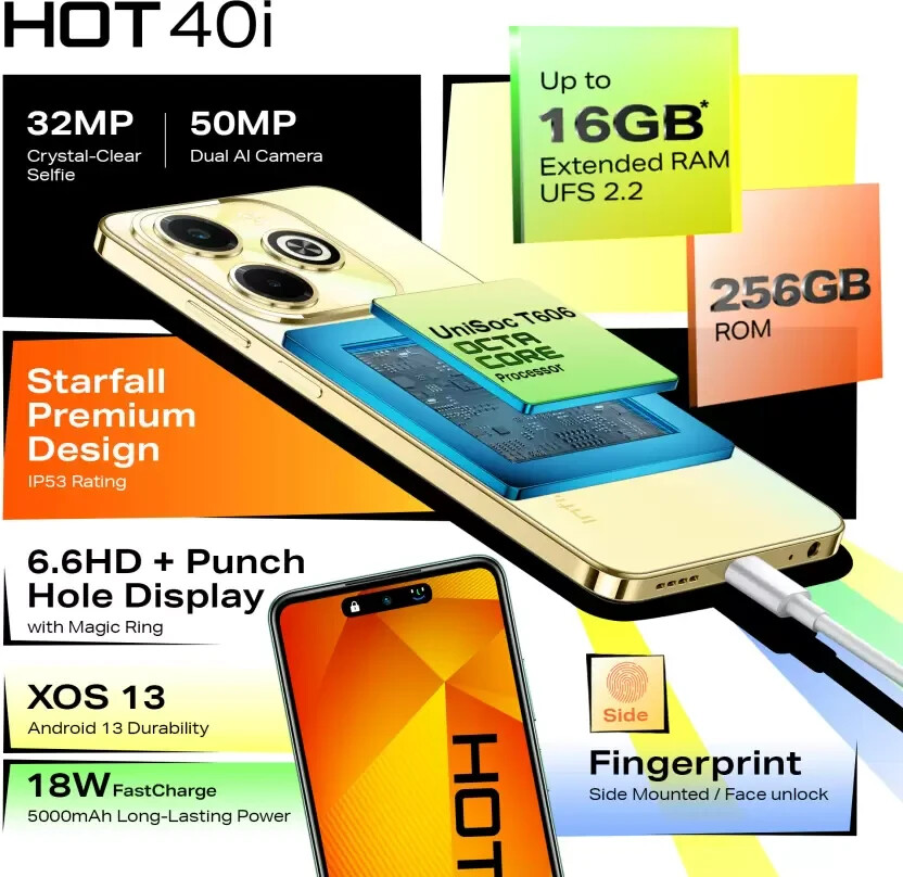 Infinix HOT 40i 256GB 16GB パームブルー Infinix Hot 40i Dual Sim 256GB Palm Blue (8GB RAM) - Global