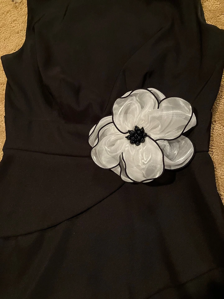 Dress Barn Black Sz 4 Sleeveless, Cocktail Dress w/Flower at Waist, Ruffle Tiers - Image 2 of 4