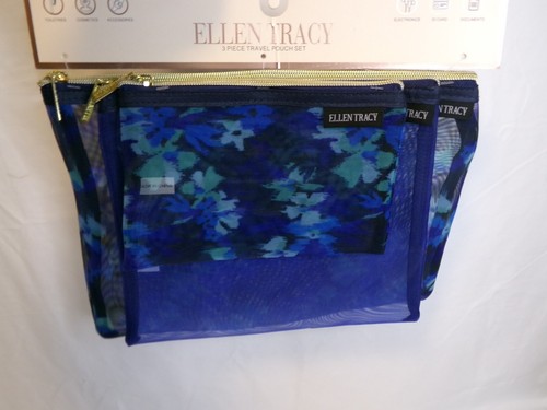 Ellen Tracy 3 pc Mesh Travel Pouch Set + 11 Pc Travel Bottle Kit Blue Floral NEW - Picture 6 of 10