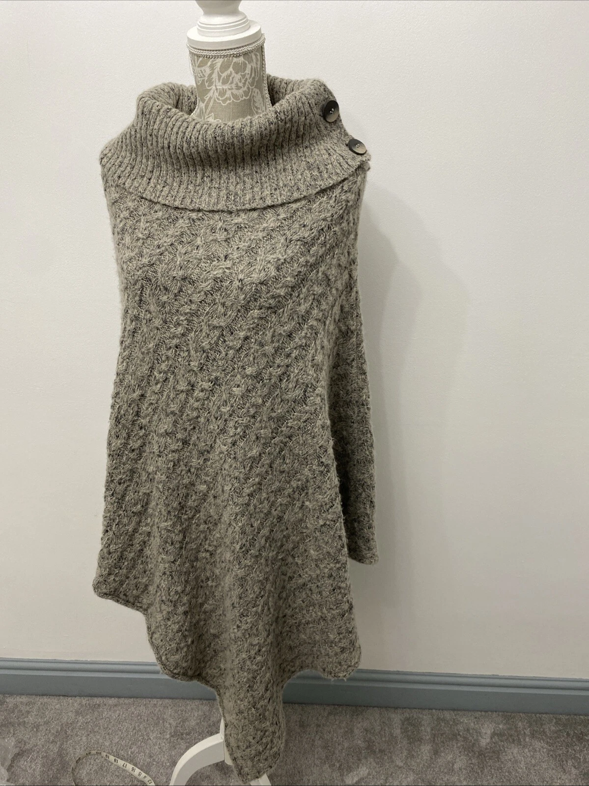 Phase Eight Multi Grey Textured Knit Poncho Alpaca Mix Button Neck Size M/L